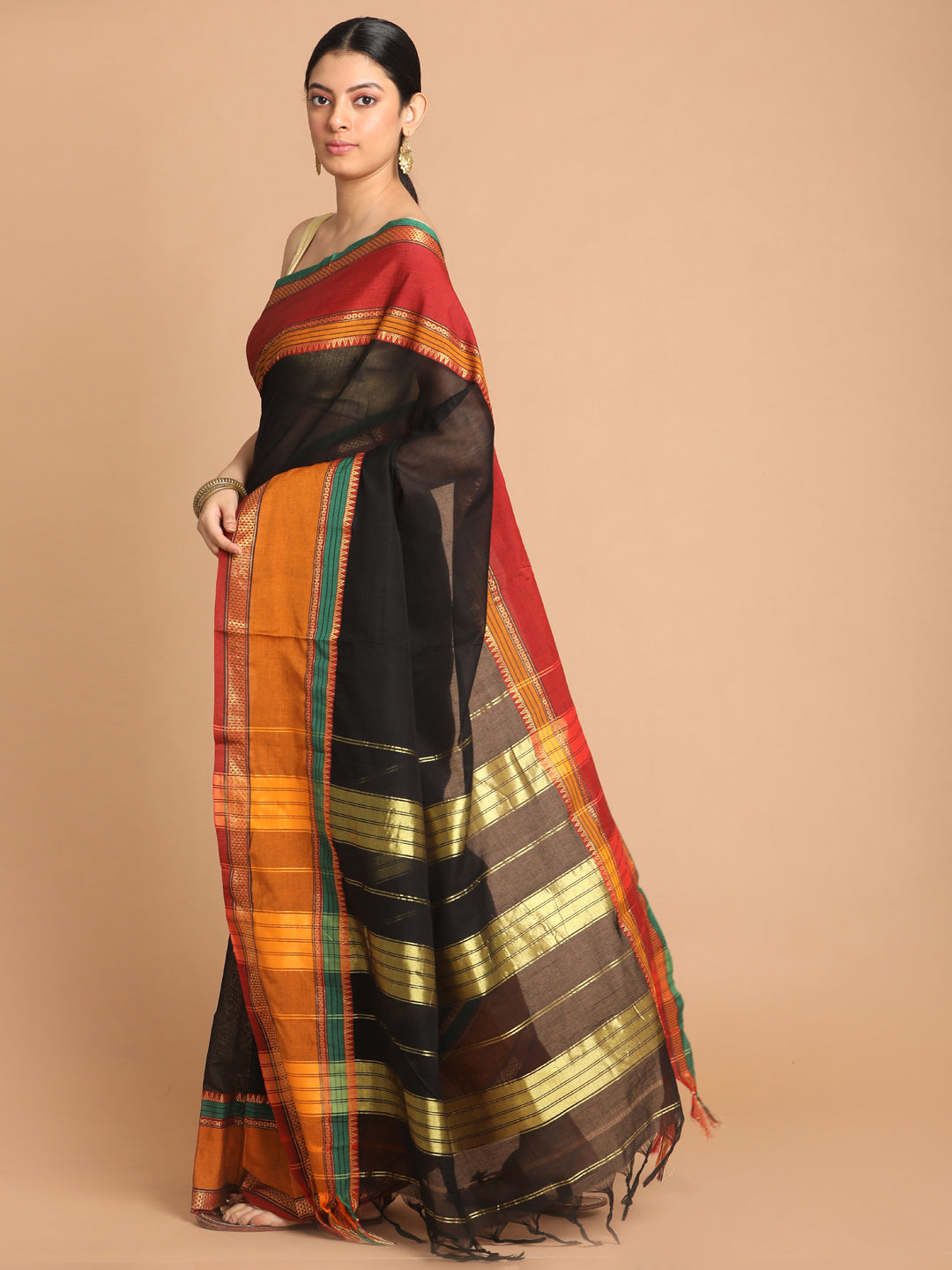 Indethnic Black Pure Cotton Solid Saree - View 2