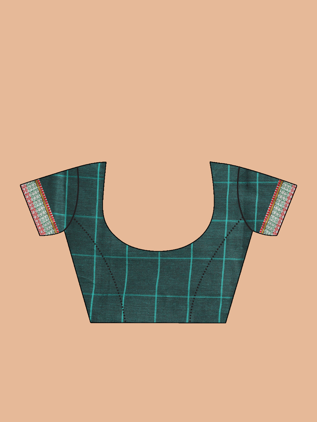 Indethnic Green Pure Cotton Checked Saree - Blouse Piece View