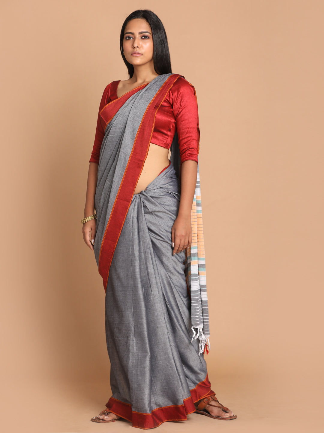 Indethnic Grey Pure Cotton Solid Saree - View 1