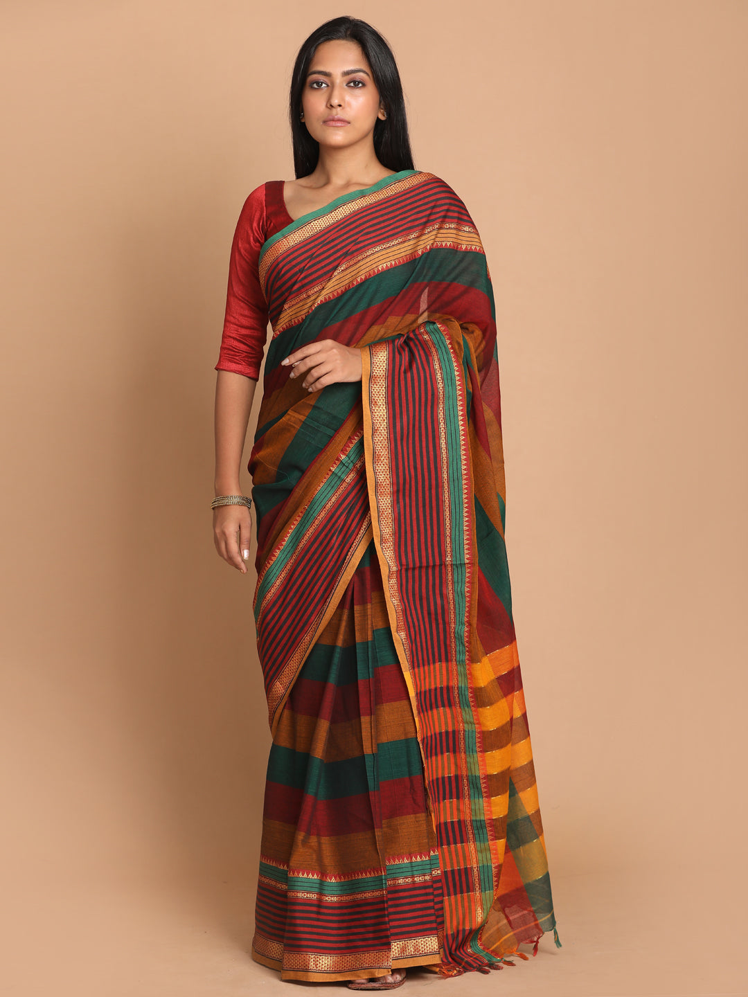 Indethnic Maroon Pure Cotton Solid Saree - View 1