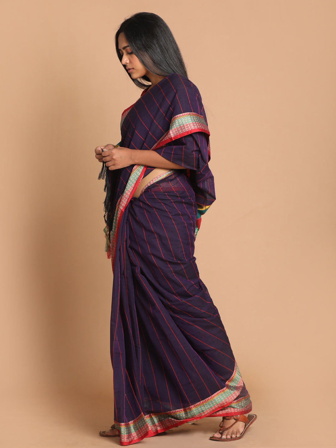 Indethnic Purple Pure Cotton Checked Saree - View 2