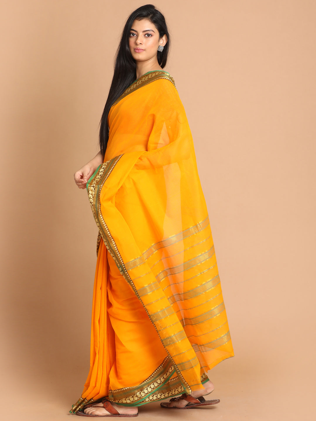 Indethnic Yellow Pure Cotton Solid Saree - View 2
