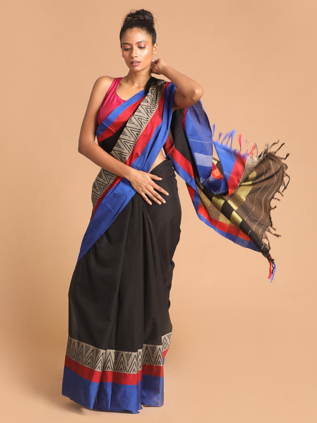 Indethnic Black Pure Cotton Woven Design Saree - View 1