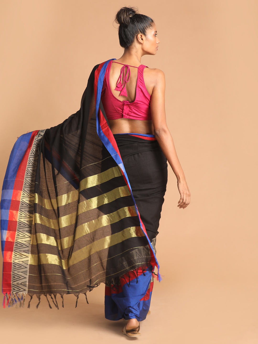 Indethnic Black Pure Cotton Woven Design Saree - View 3