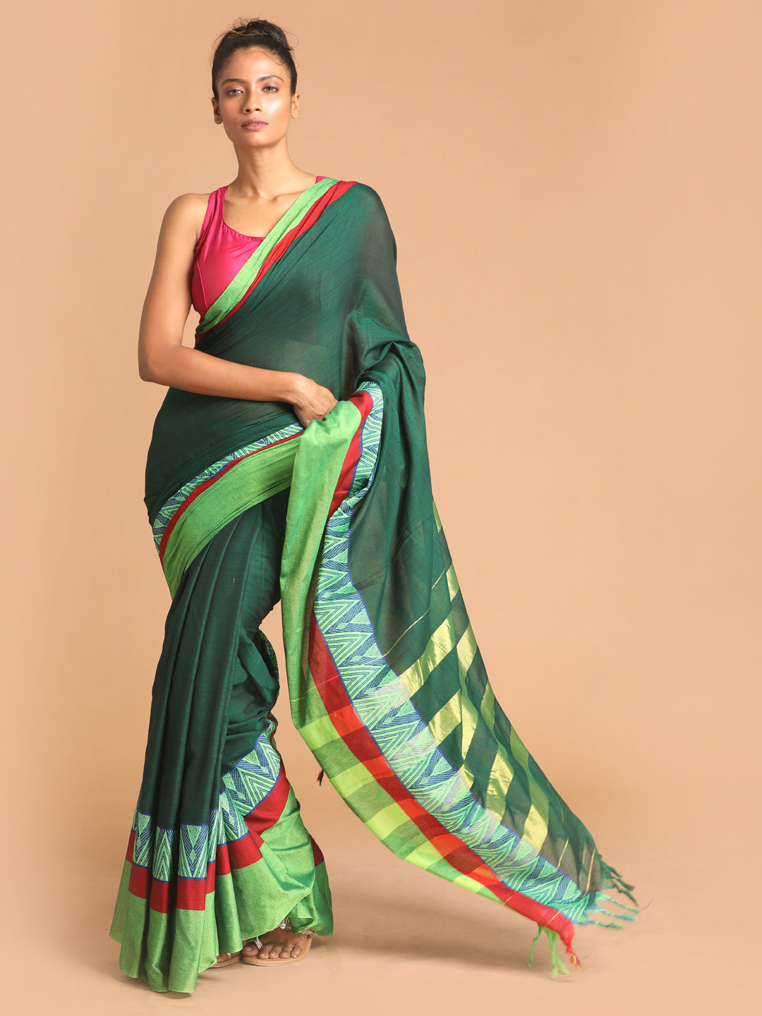 Indethnic Bottle Green Pure Cotton Woven Design Saree - View 1