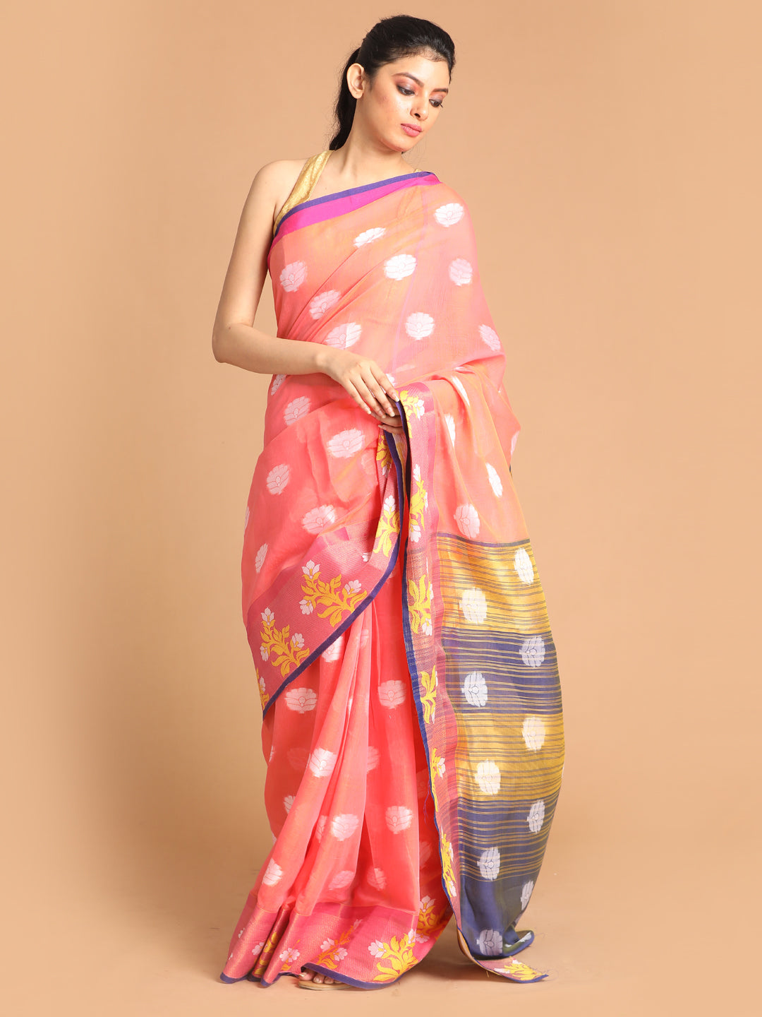 Indethnic Coral Woven Design Saree - View 2