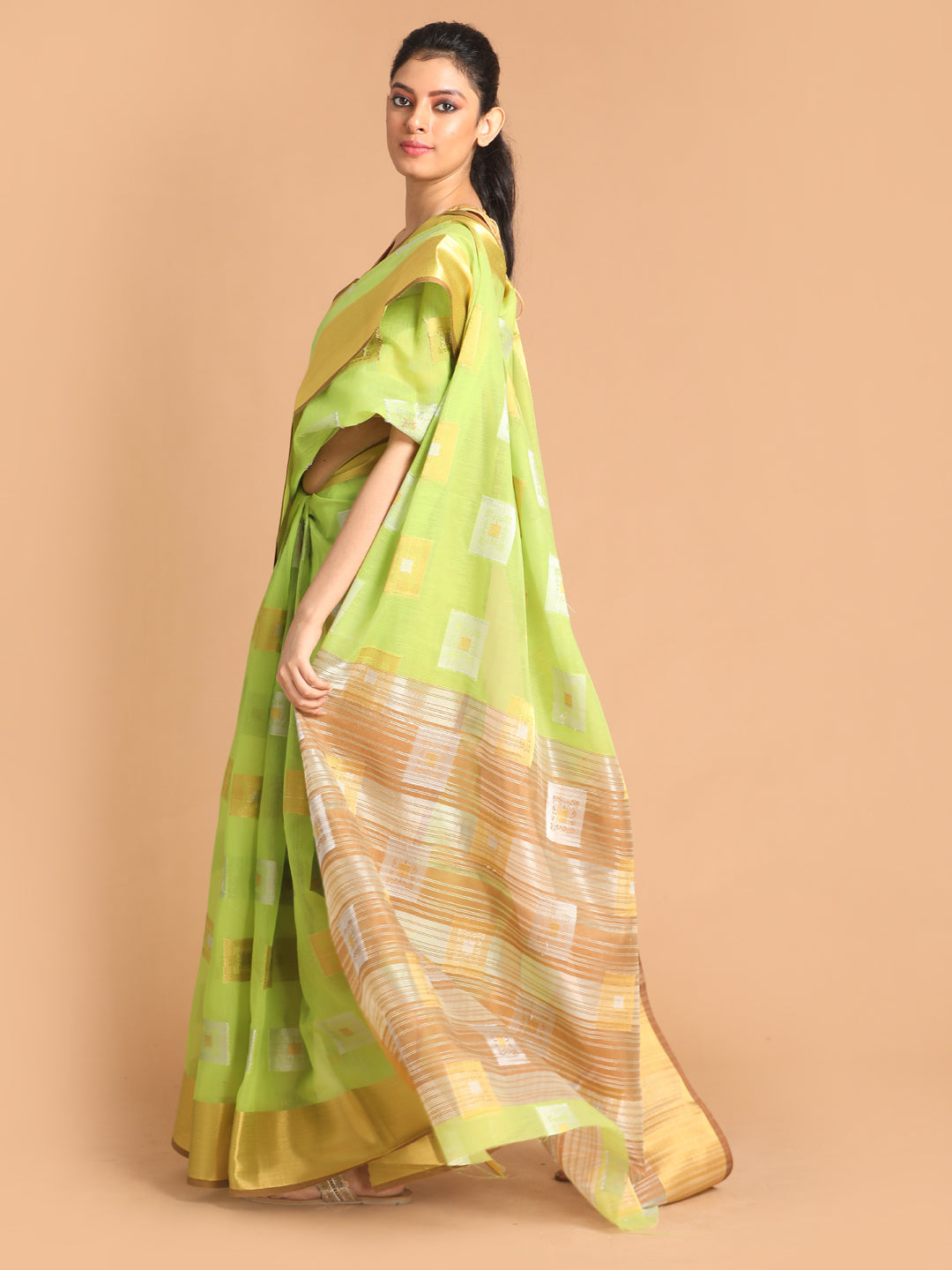 Indethnic Lime Green Woven Design Saree - View 1