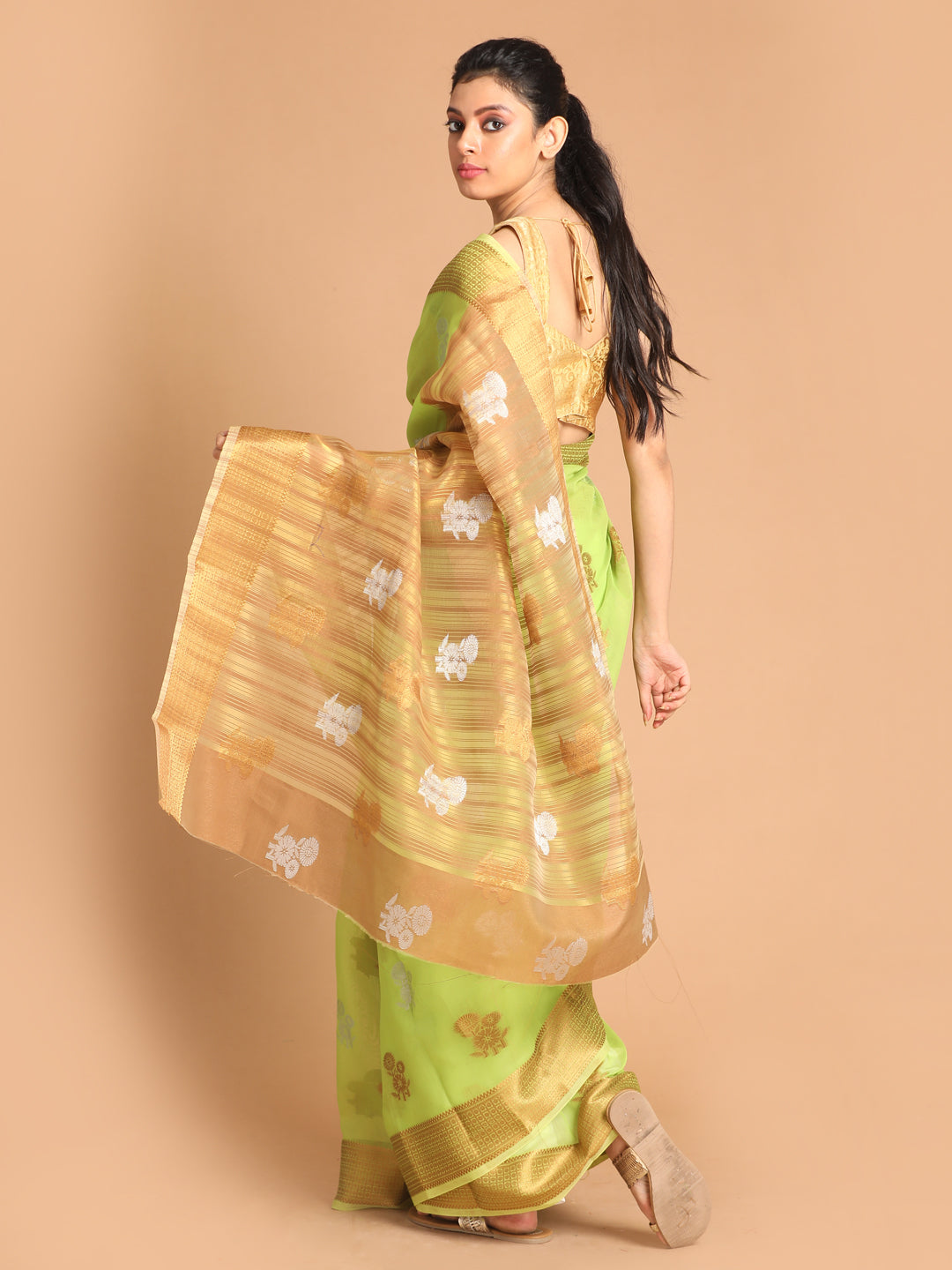 Indethnic Lime Green Woven Design Saree - View 3