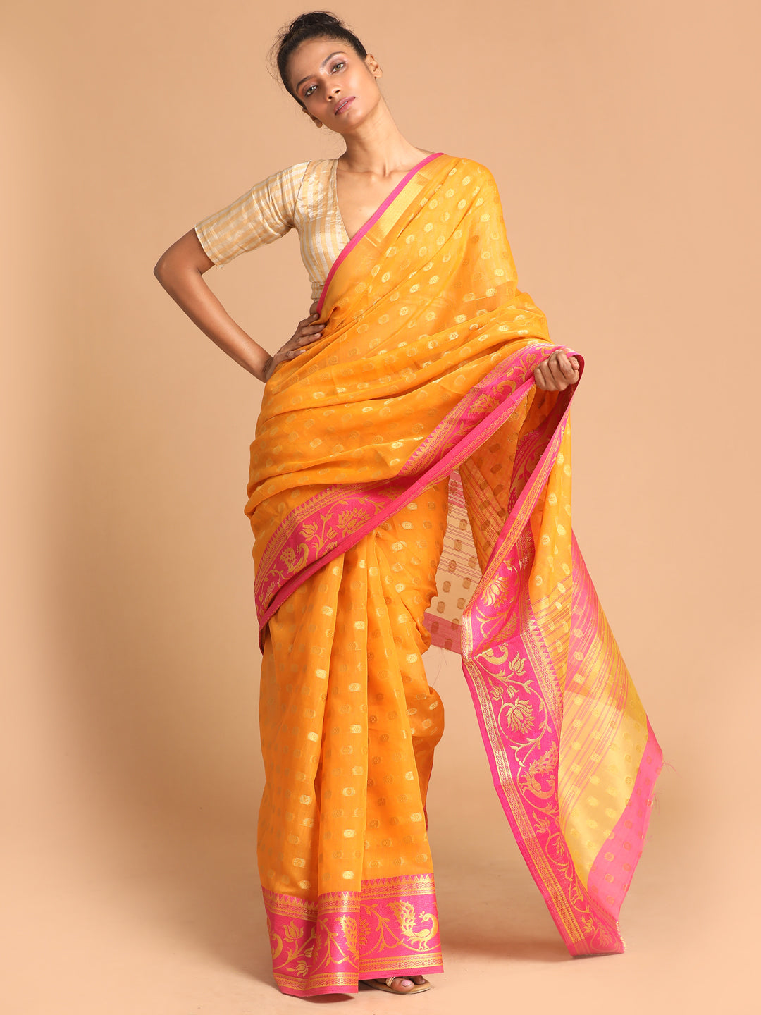 Indethnic Yellow Woven Design Saree - View 2