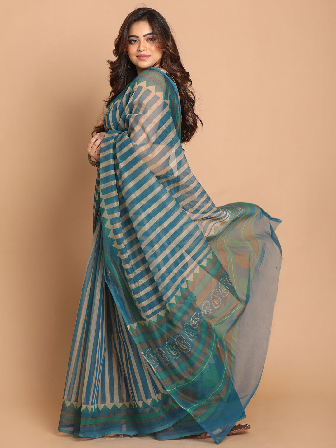 Indethnic Printed Cotton Blend Saree in taupe - View 2