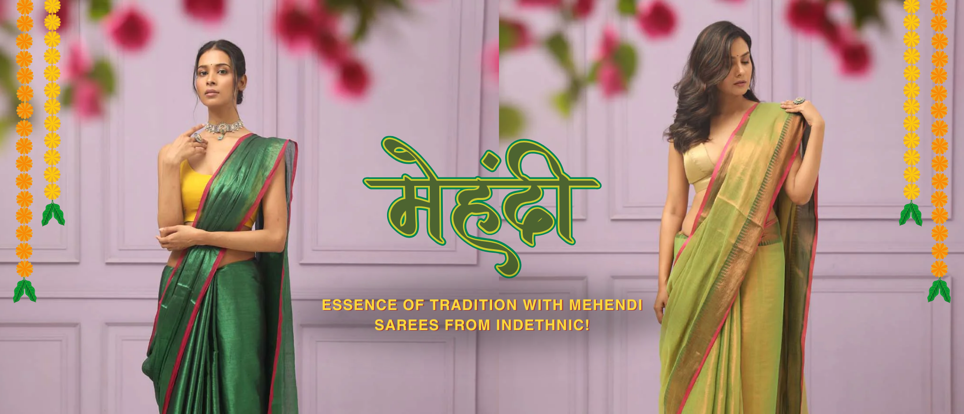 Essence of Tradition with Mehendi Sarees from Indethnic!