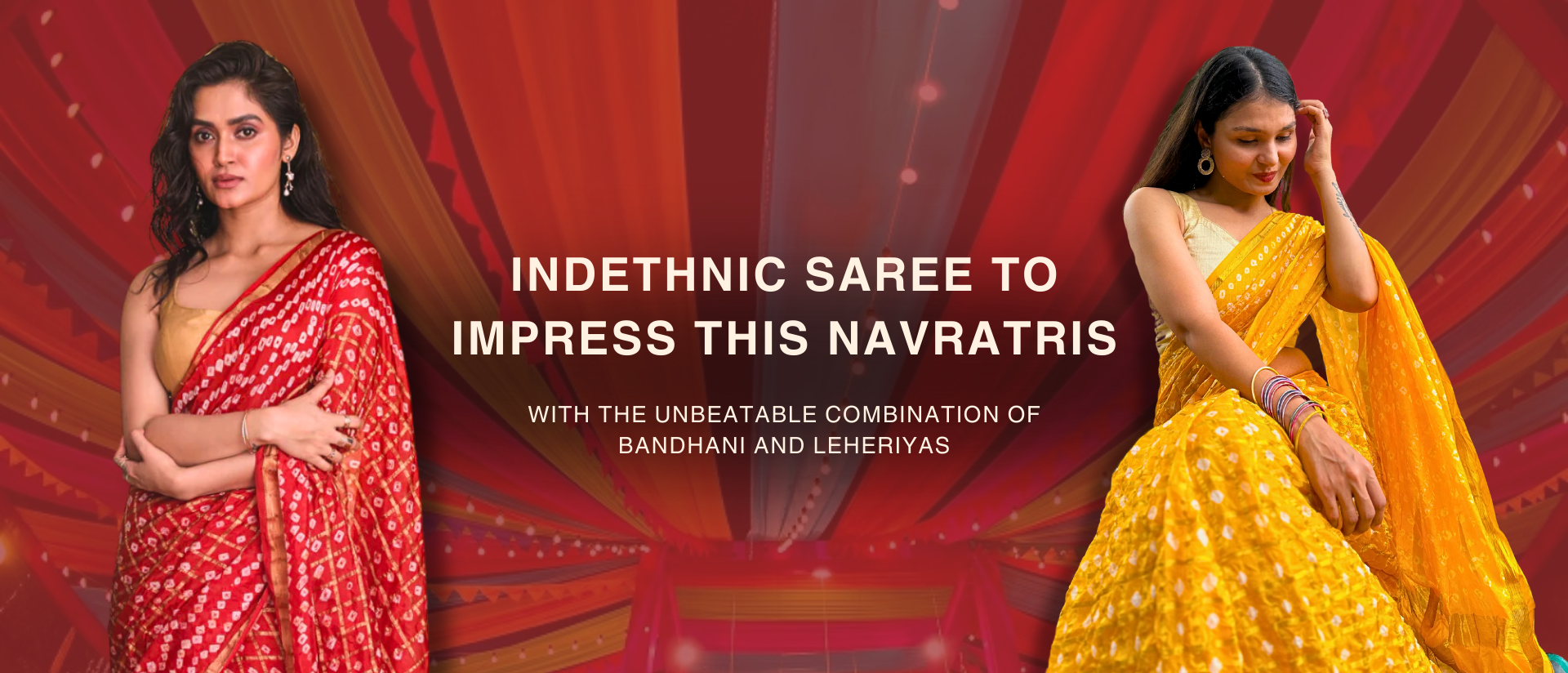 Indethnic Saree to impress this Navratri, with the unbeatable combination of Bandhani and Leheriyas