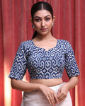Indethnic Blue Work  Wear U-Neck Short Sleeves Blouse(DESIGNER  SAREE BLOUSE)