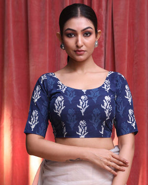 Indethnic Blue Work  Wear U-Neck Short Sleeves Blouse(DESIGNER  SAREE BLOUSE)