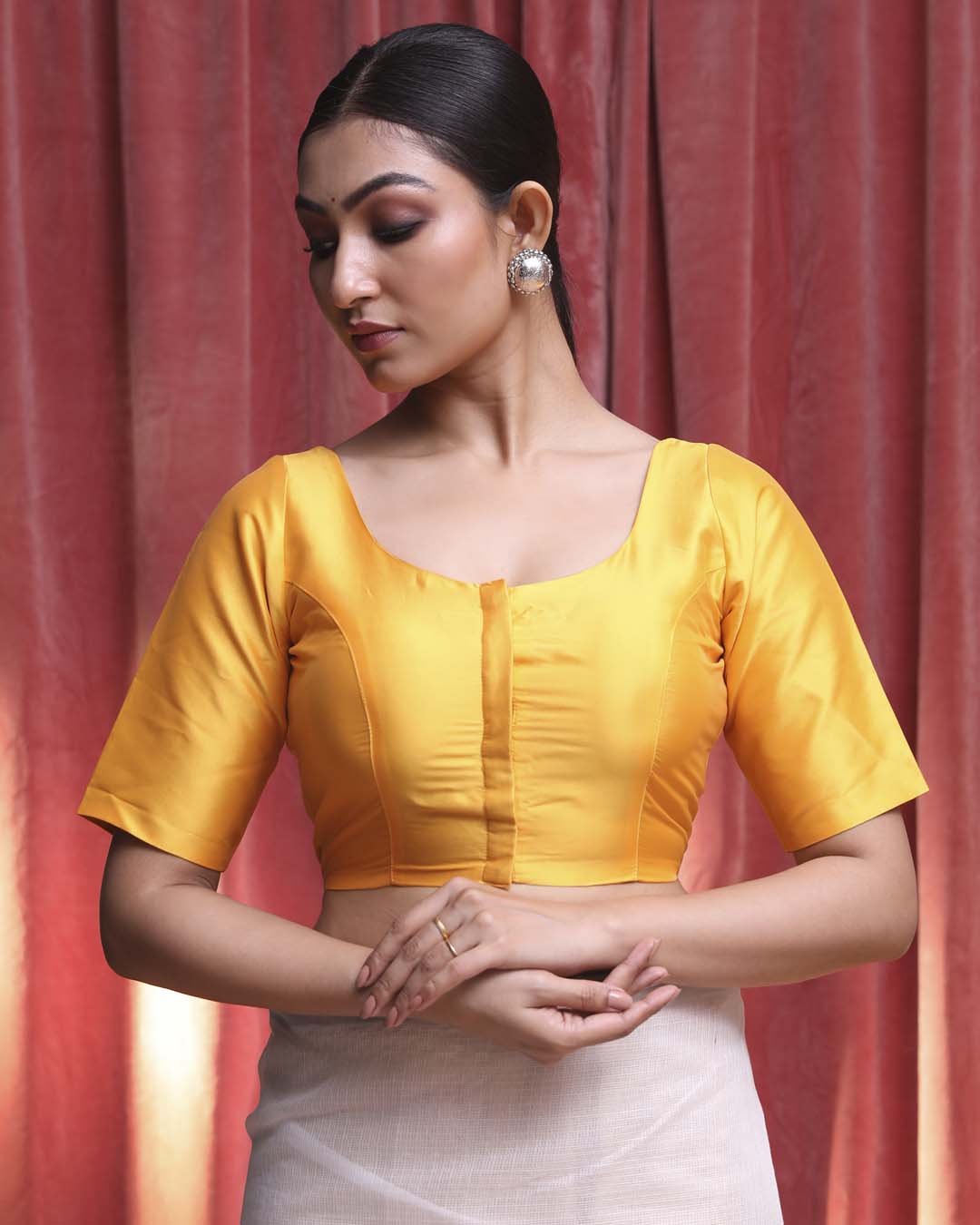 Indethnic Yellow Daily  Wear U-Neck Short Sleeves Blouse