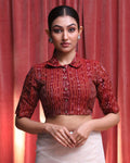 Indethnic Maroon Work  Wear Shirt Collar Short Sleeves Blouse(DESIGNER  SAREE BLOUSE)
