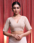 Indethnic Beige Work  Wear V-Neck Short Sleeves Blouse(DESIGNER  SAREE BLOUSE)