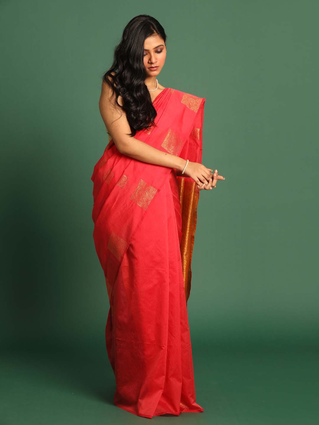 Red Pochampally Kora Silk by Cotton Saree