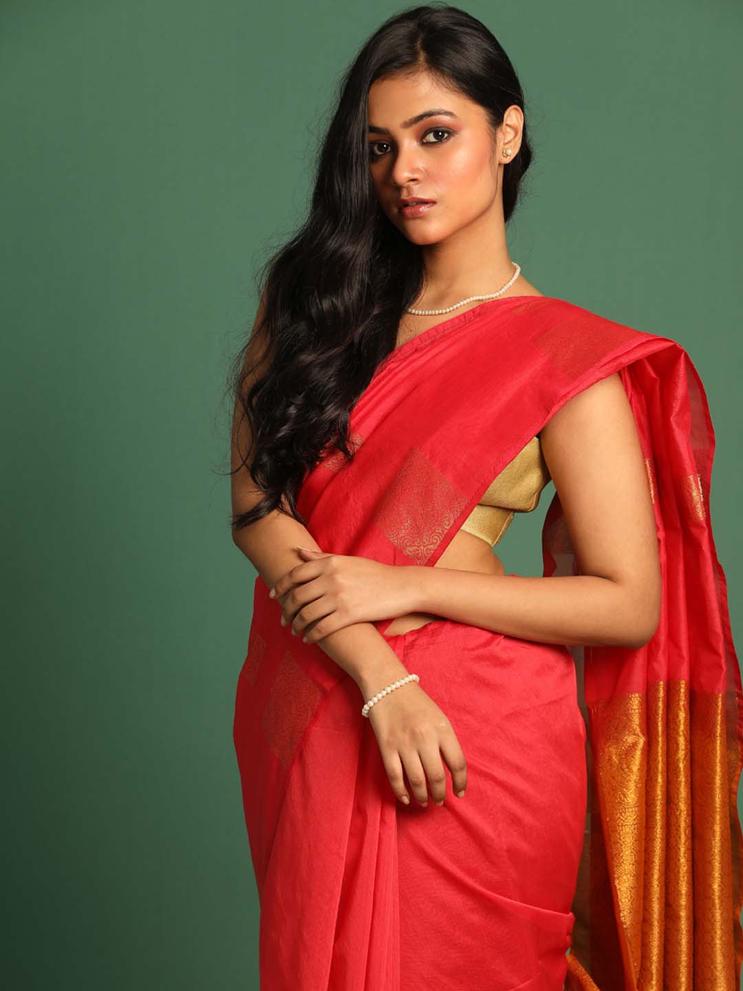 Red Pochampally Kora Silk by Cotton Saree