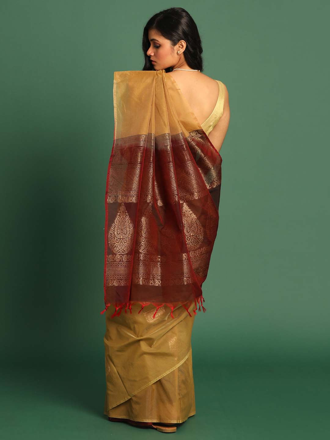 Beige Pochampally Kora Silk by Cotton Saree