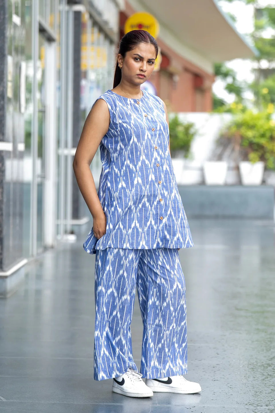 Cornflower Ikat — Blue Ikat Cotton Top & Pant Co-ord Set