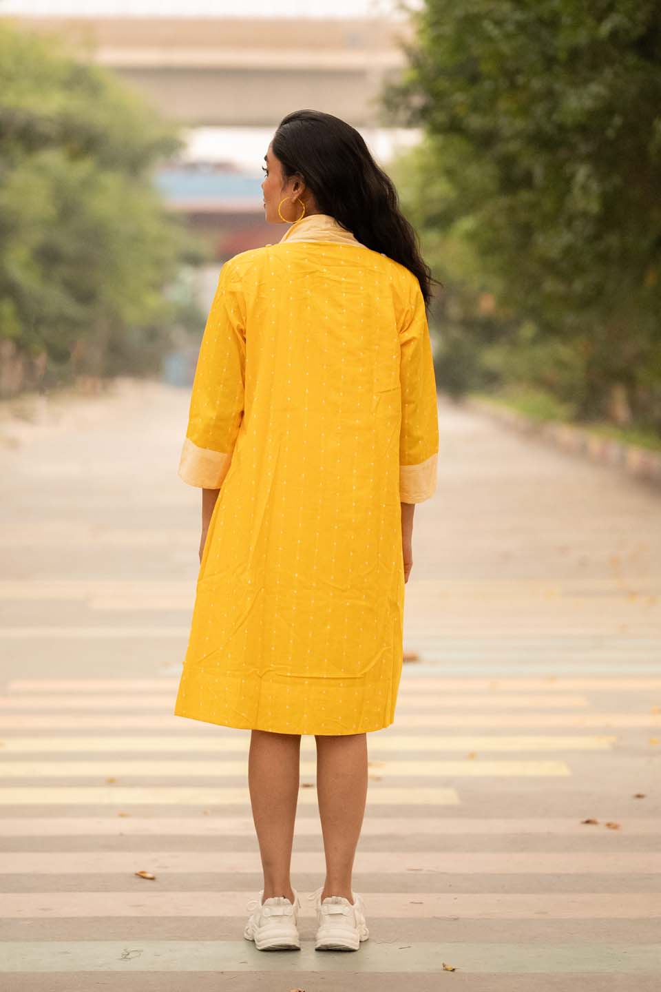 Sun Dot — Cotton Stripe Dress with Dot Shrug and Attached Stole