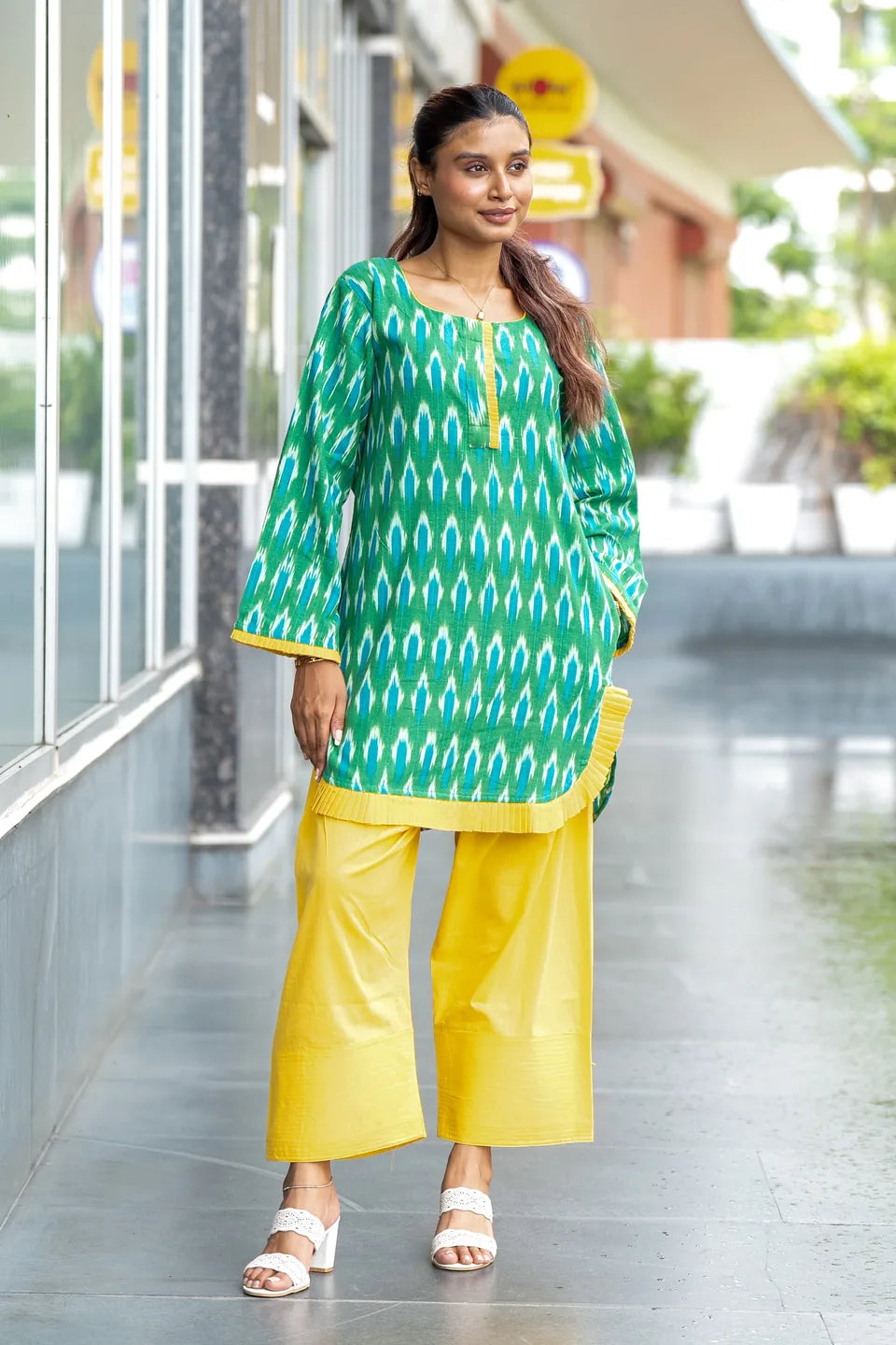 Fern Ikat — Green Ikat Cotton Tunic & Palazzo Set