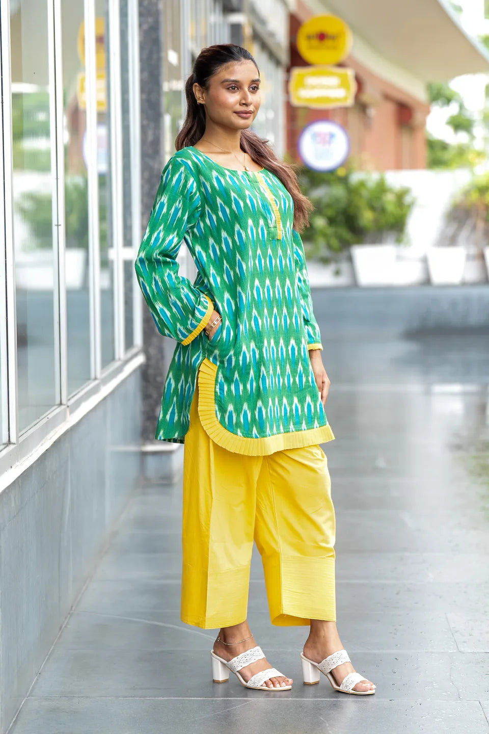 Fern Ikat — Green Ikat Cotton Tunic & Palazzo Set