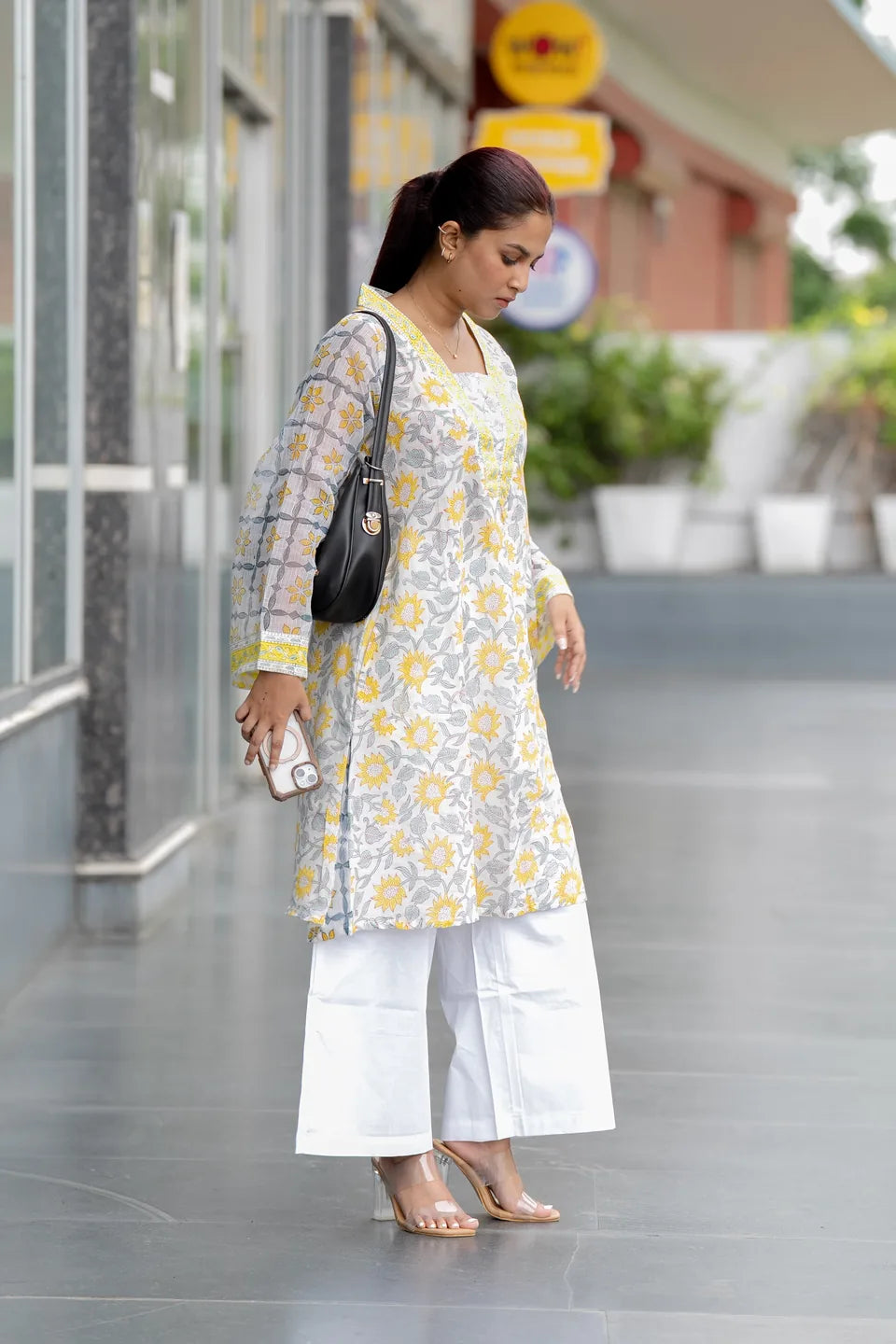 Marigold Mist — Floral Block Print Cotton Kurta with Border Neck