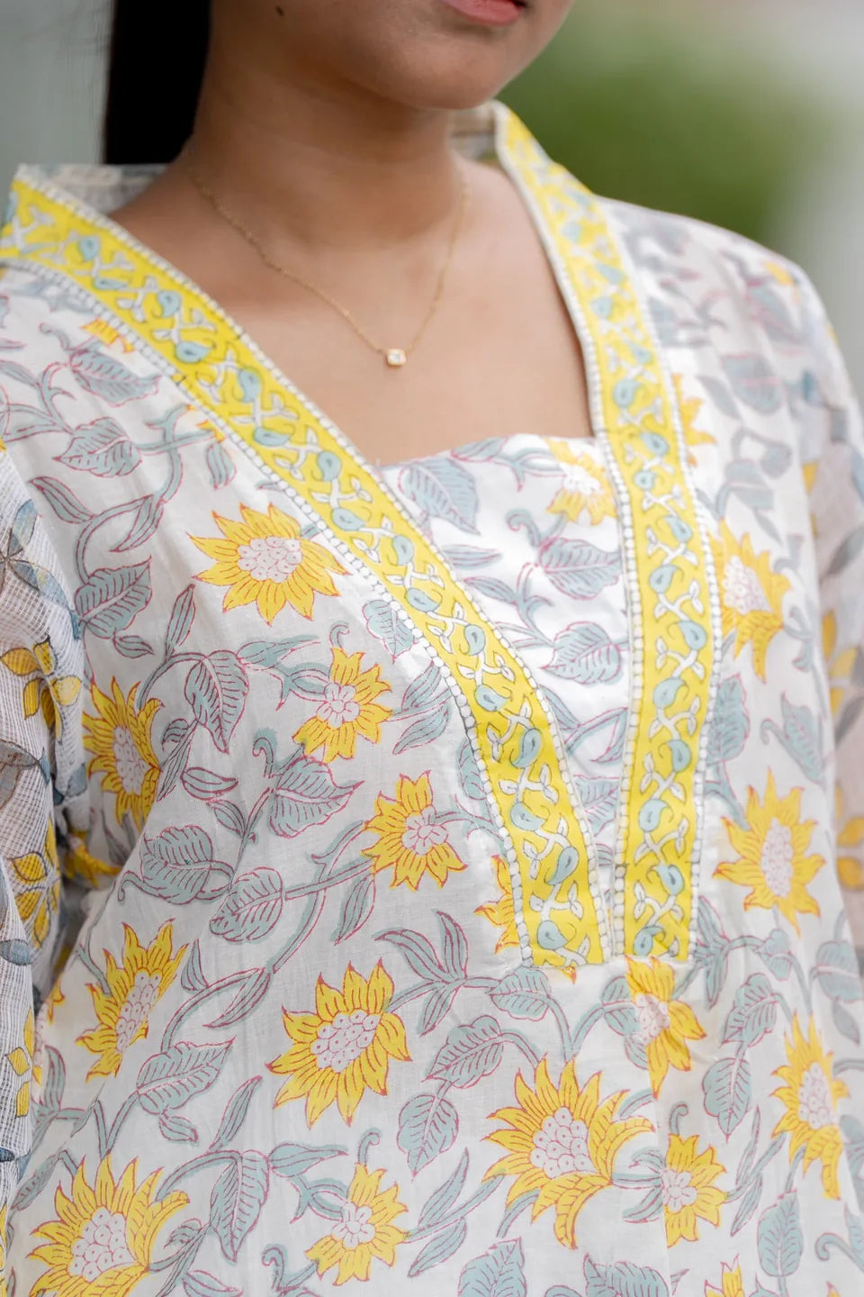Marigold Mist — Floral Block Print Cotton Kurta with Border Neck