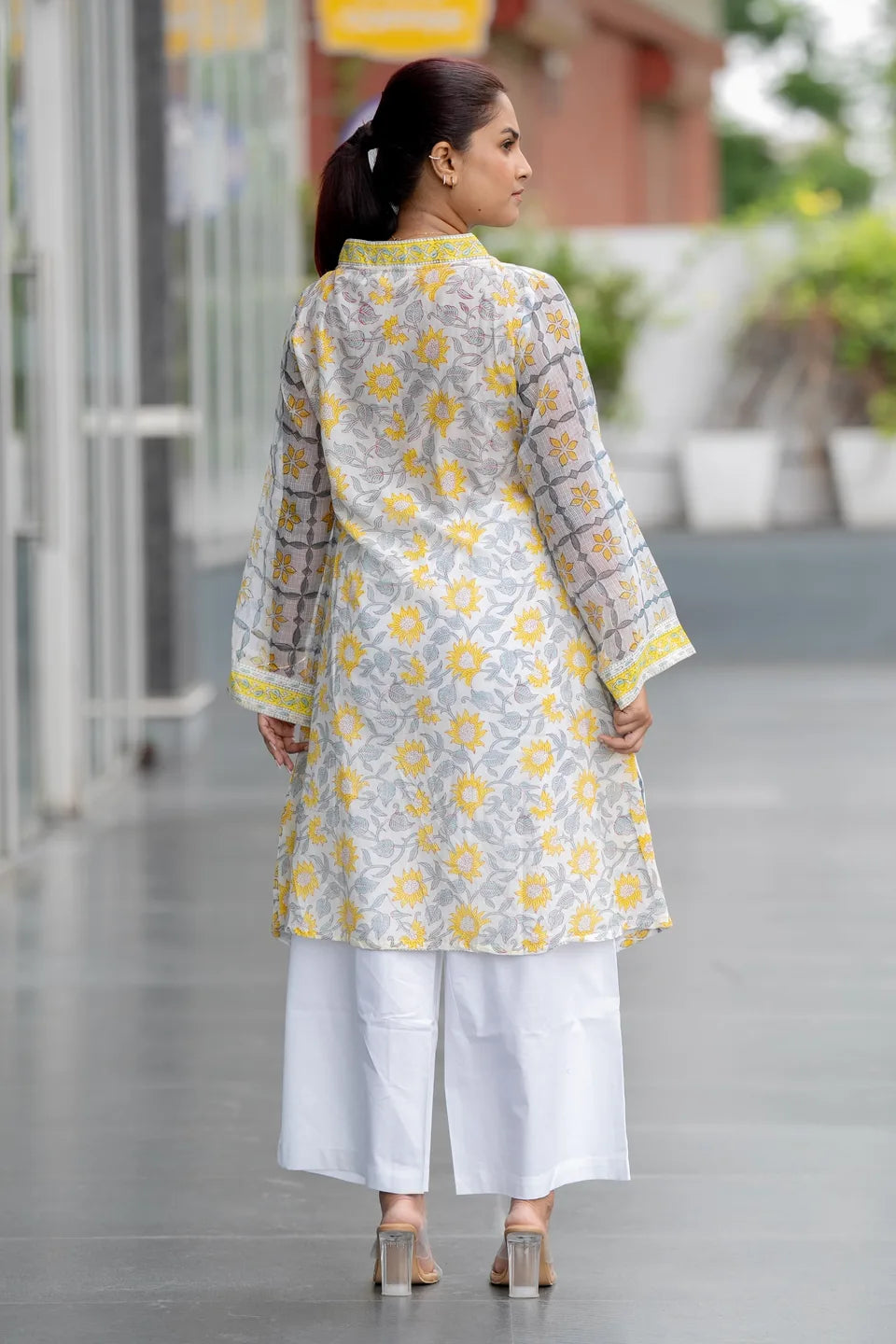 Marigold Mist — Floral Block Print Cotton Kurta with Border Neck