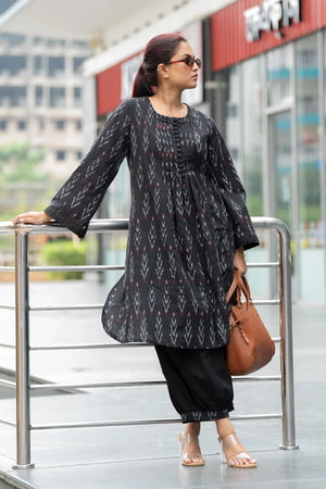 Midnight Ikat — Black Ikat Cotton Kurti & Hem Pleated Pant Set