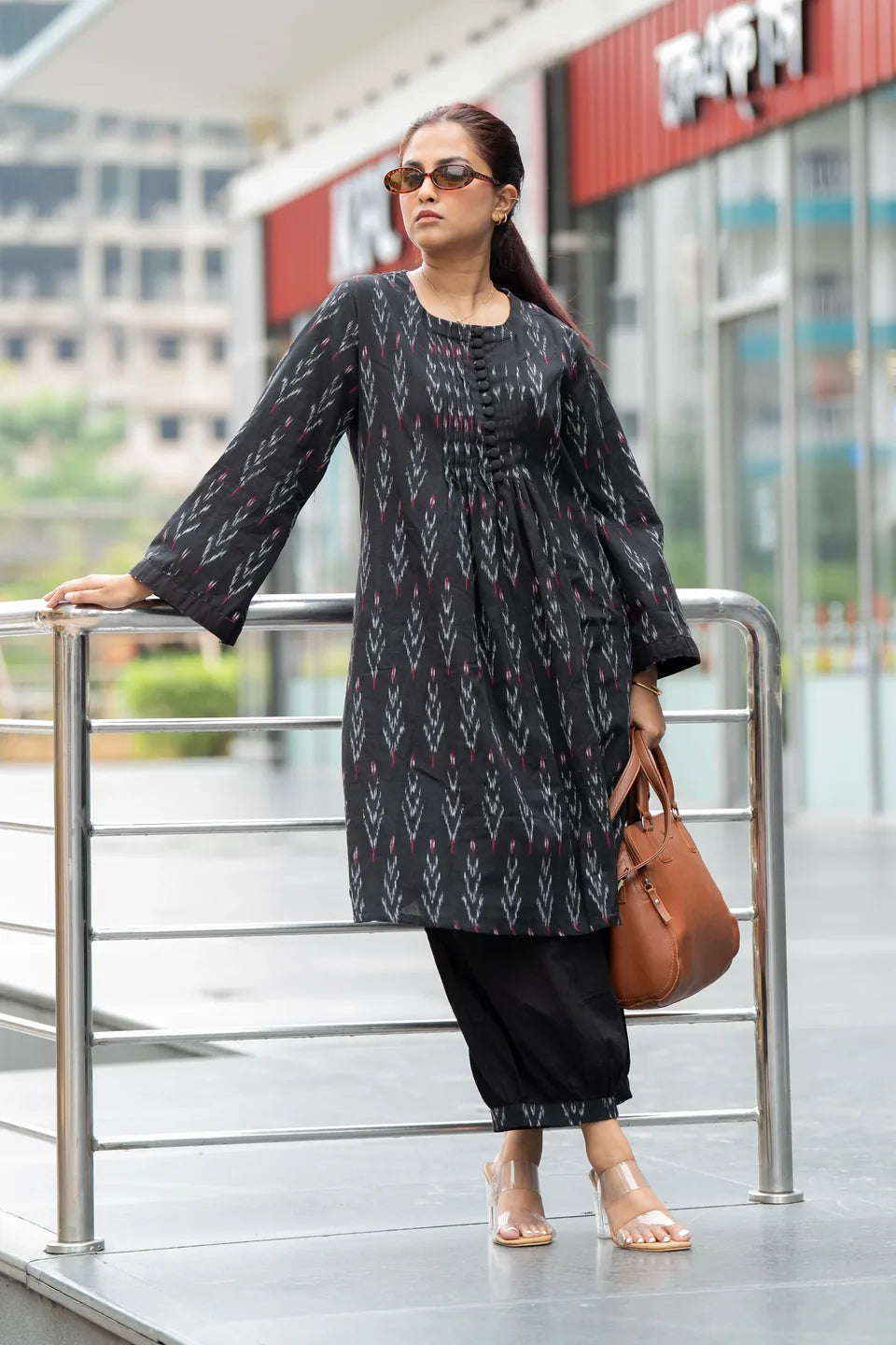 Midnight Ikat — Black Ikat Cotton Kurti & Hem Pleated Pant Set