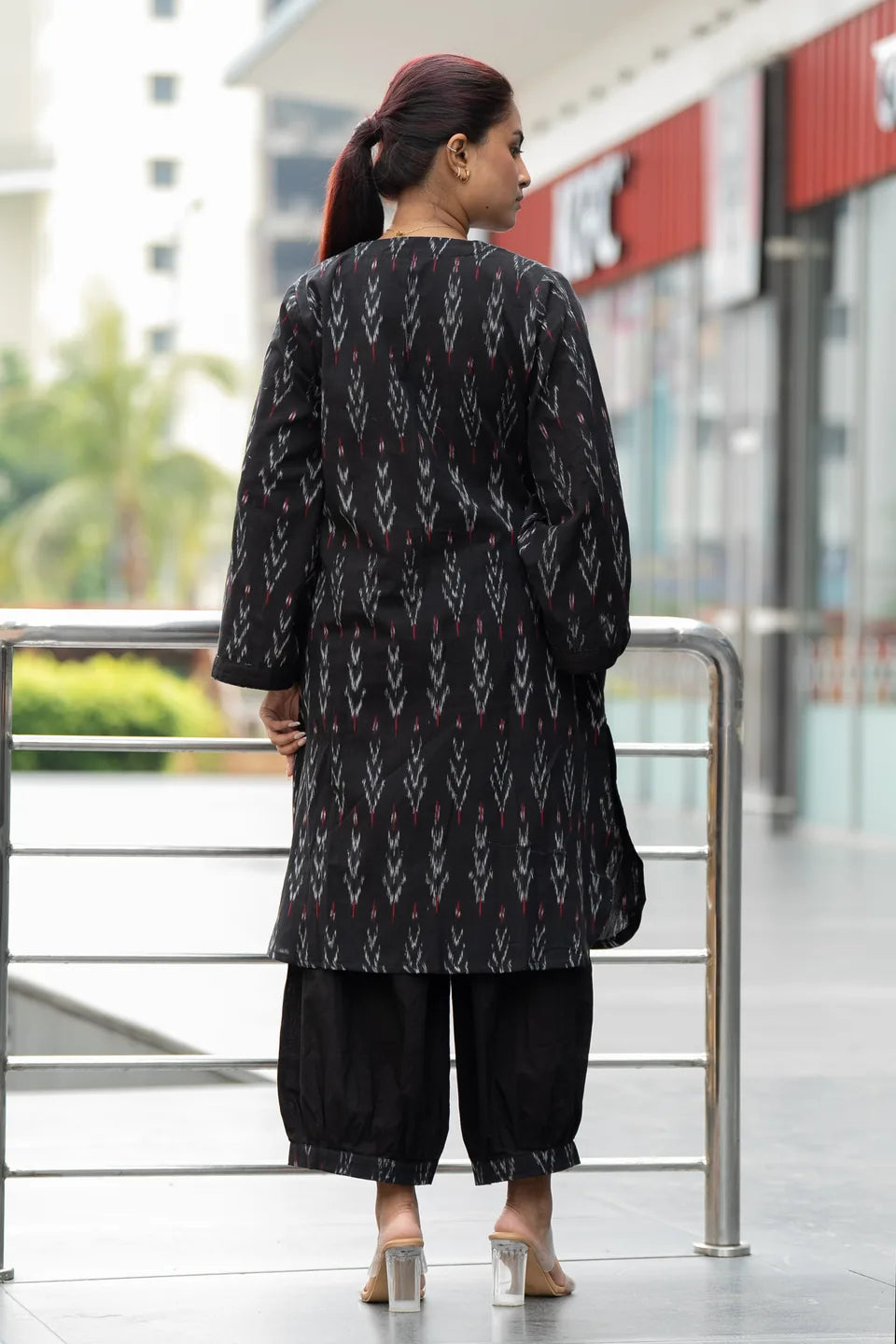 Midnight Ikat — Black Ikat Cotton Kurti & Hem Pleated Pant Set