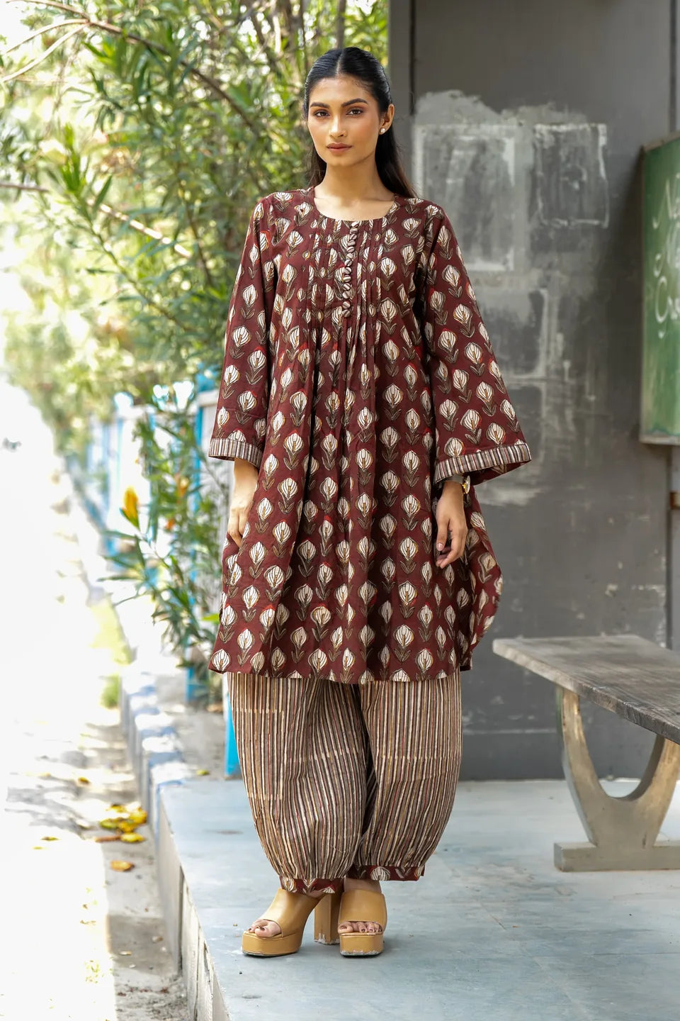 Claret Kalga — Block Print Cotton Pintuck Kurti & Harem Set