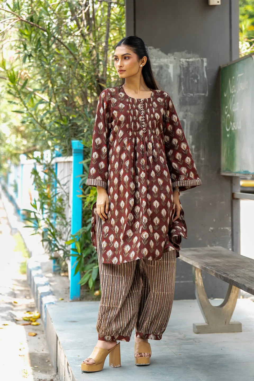 Claret Kalga — Block Print Cotton Pintuck Kurti & Harem Set