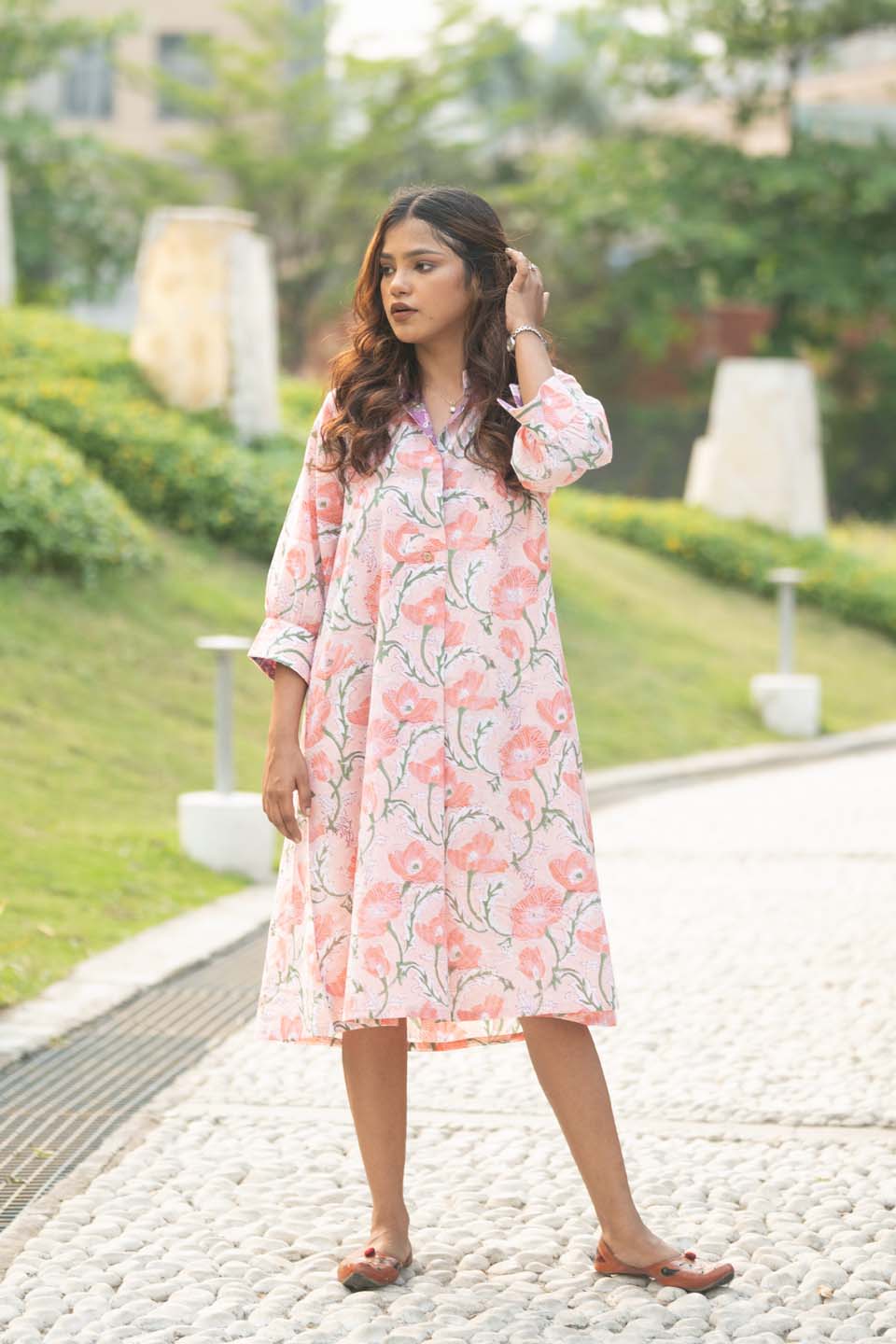Coral Poppy — Block Print Cotton Midi Shirt Dress