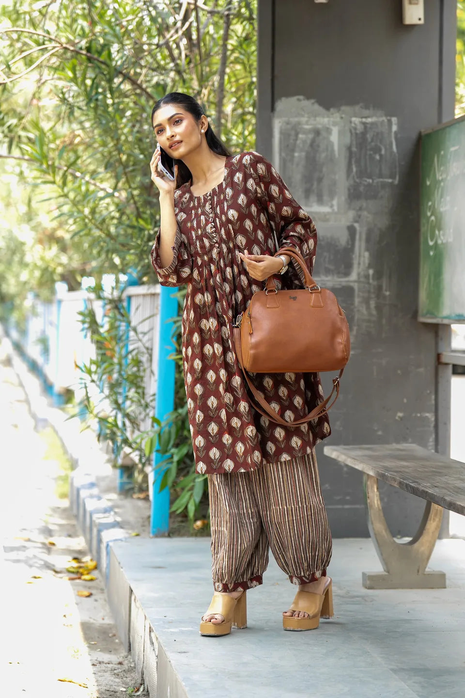 Claret Kalga — Block Print Cotton Pintuck Kurti & Harem Set