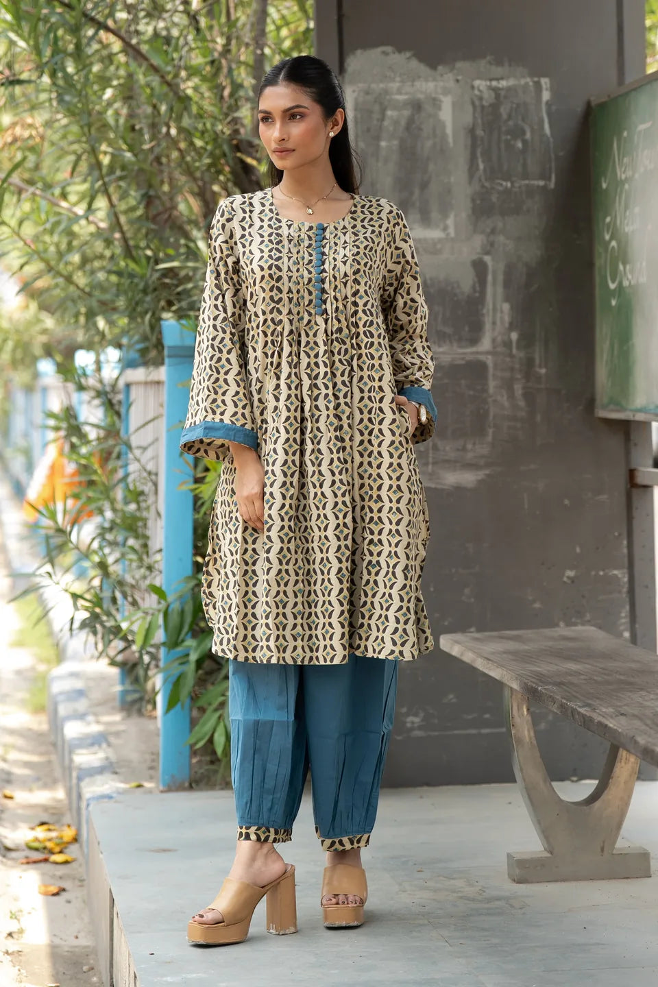 Teal Jaali — Geometric Block Print Cotton Kurti & Harem Set