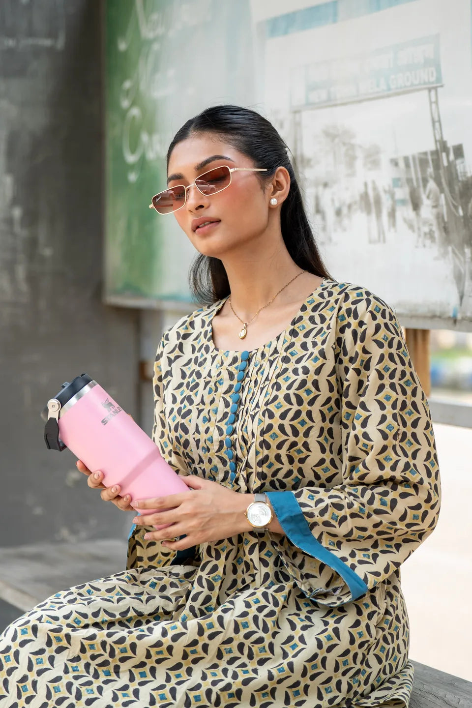 Teal Jaali — Geometric Block Print Cotton Kurti & Harem Set