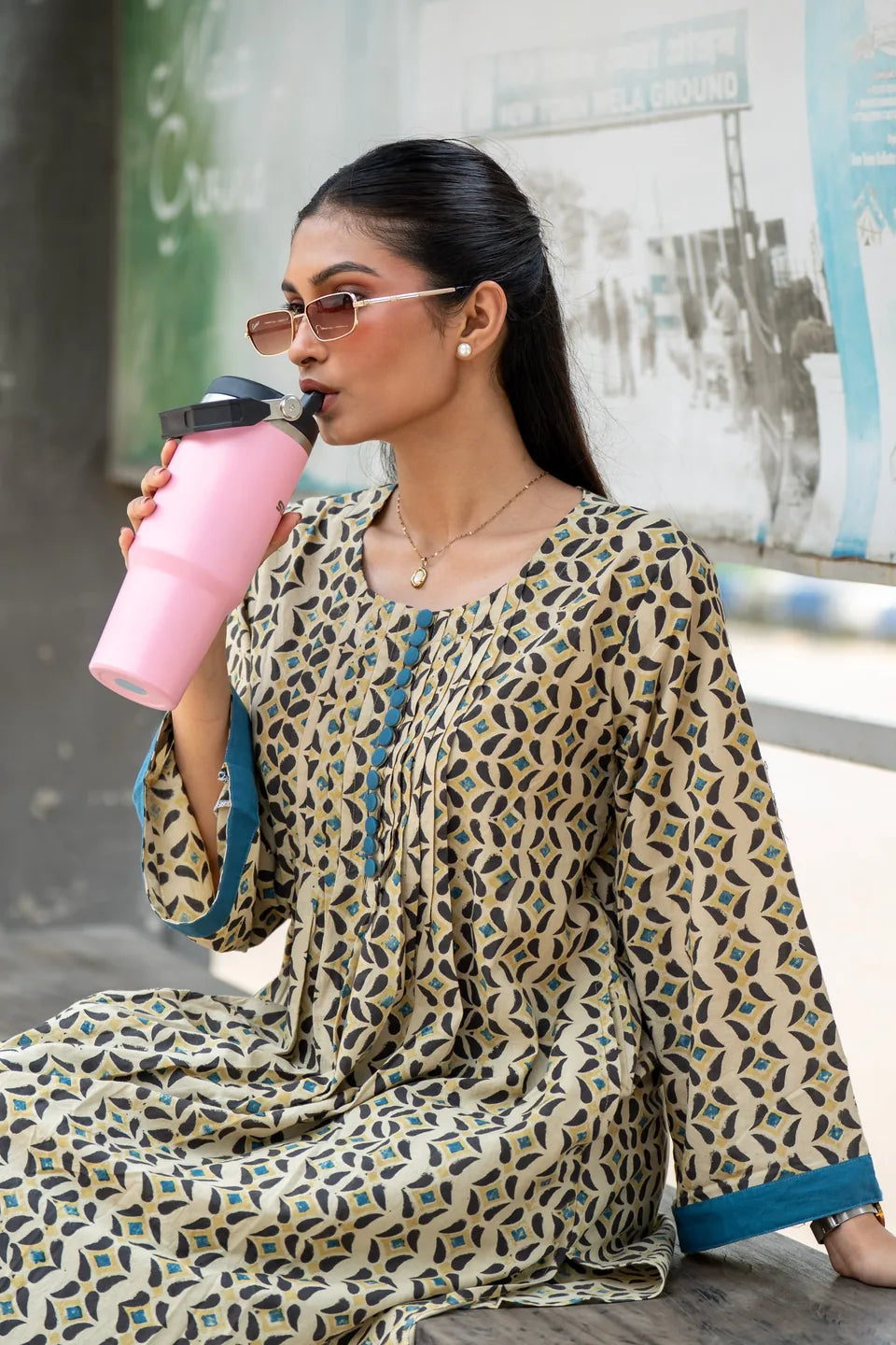 Teal Jaali — Geometric Block Print Cotton Kurti & Harem Set