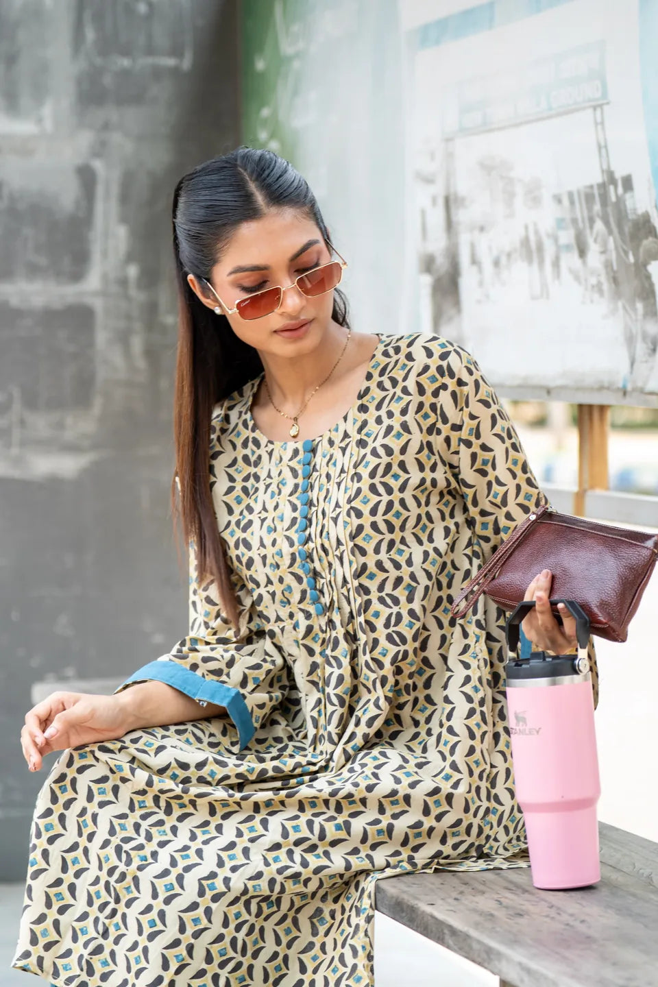 Teal Jaali — Geometric Block Print Cotton Kurti & Harem Set