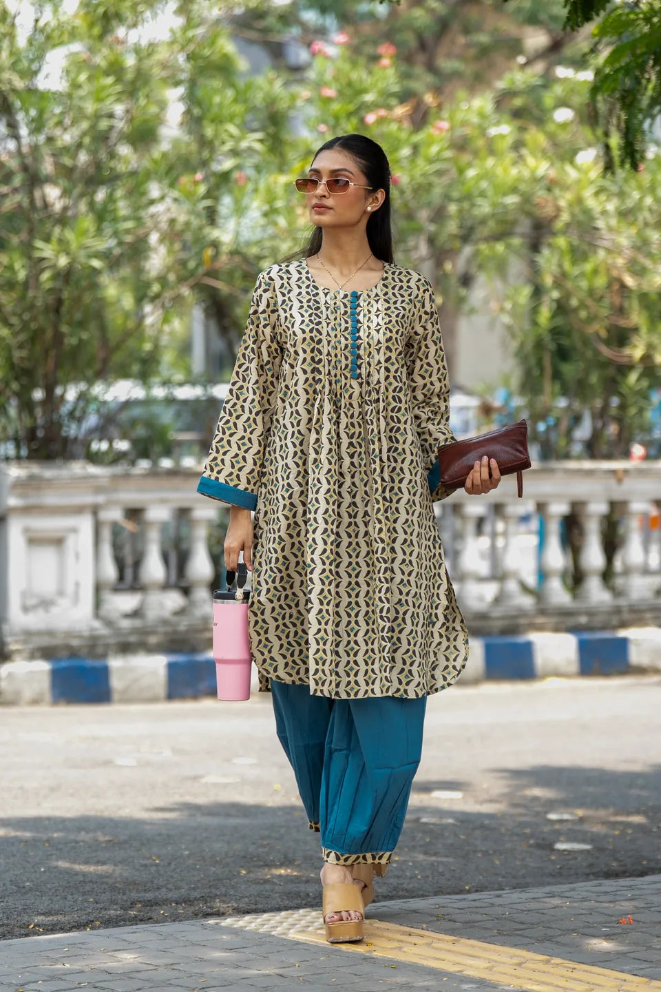 Teal Jaali — Geometric Block Print Cotton Kurti & Harem Set