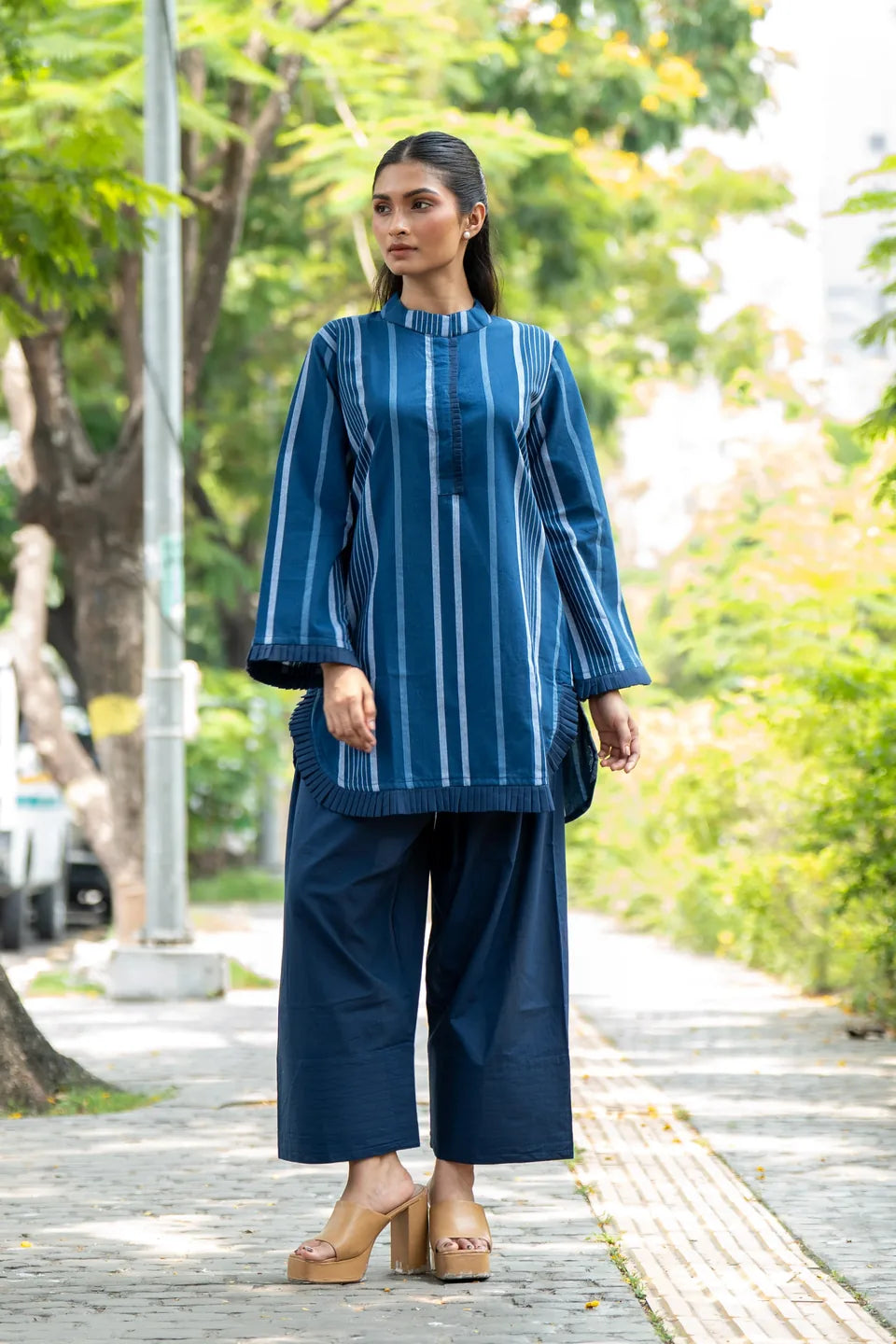 Indigo Reed — Woven Stripe Cotton Tunic & Palazzo Set