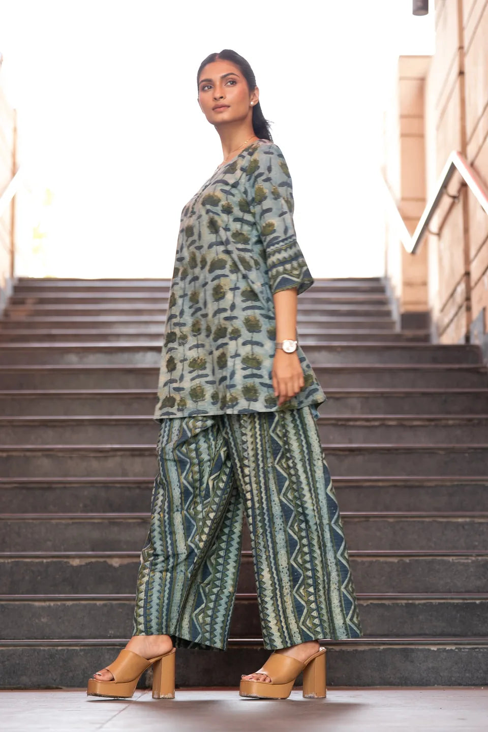 Cypress Trail — Mixed Block Print Cotton Tunic & Palazzo Set