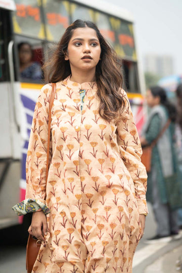 Sand Marigold — Block Print Cotton Long Kurta with Contrast Teal Collar and Cuffs