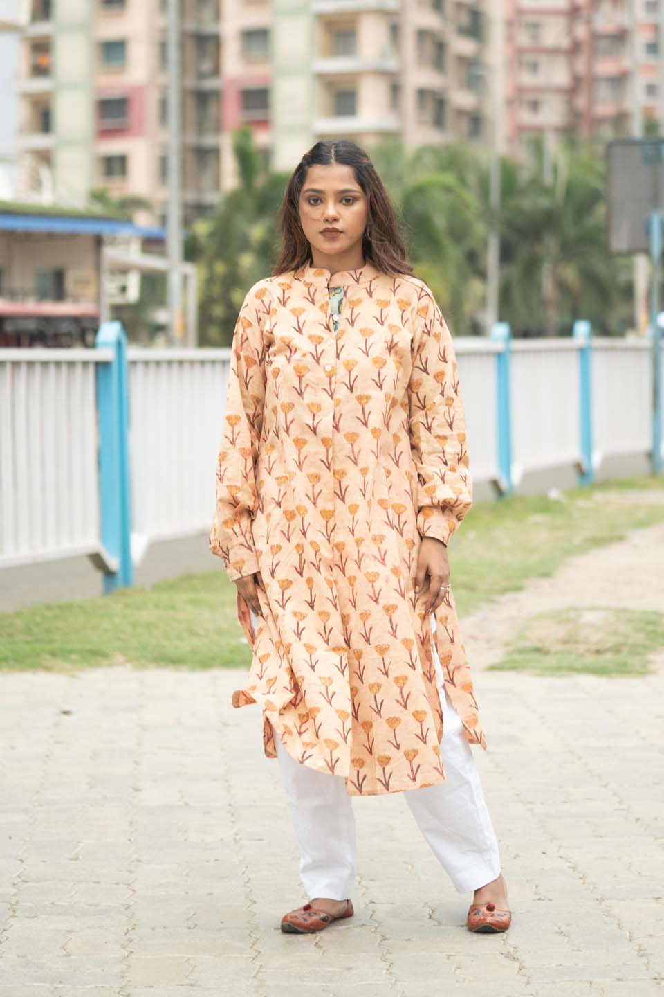 Sand Marigold — Block Print Cotton Long Kurta with Contrast Teal Collar and Cuffs