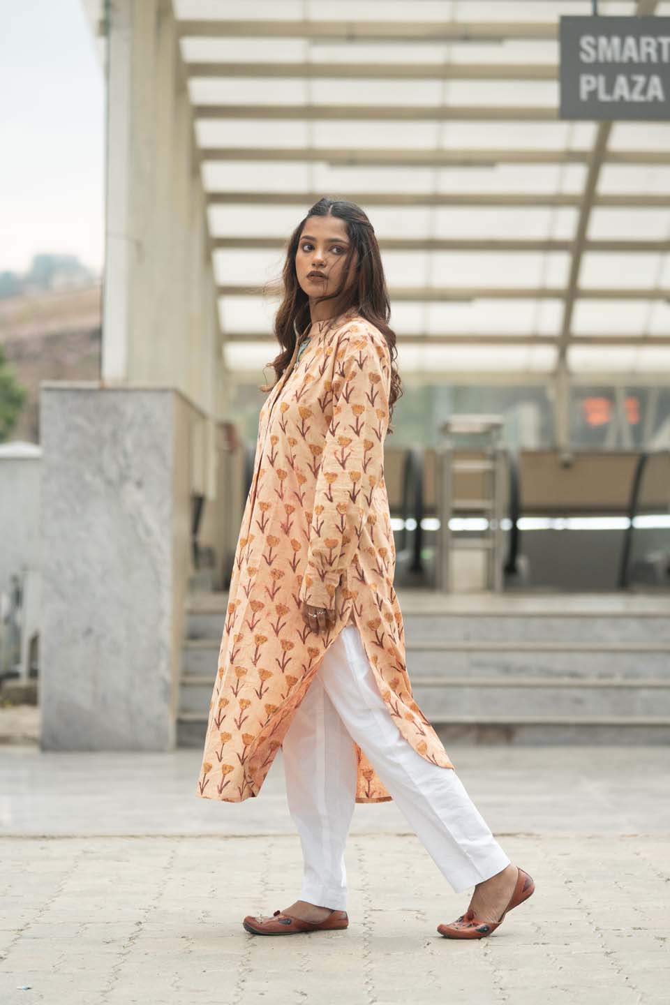 Sand Marigold — Block Print Cotton Long Kurta with Contrast Teal Collar and Cuffs