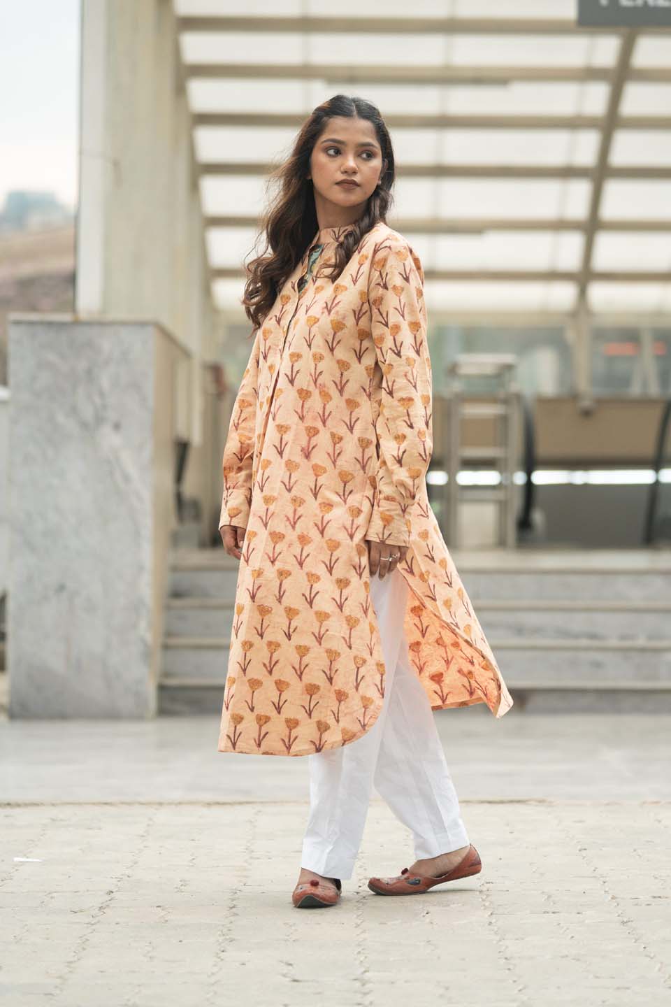 Sand Marigold — Block Print Cotton Long Kurta with Contrast Teal Collar and Cuffs