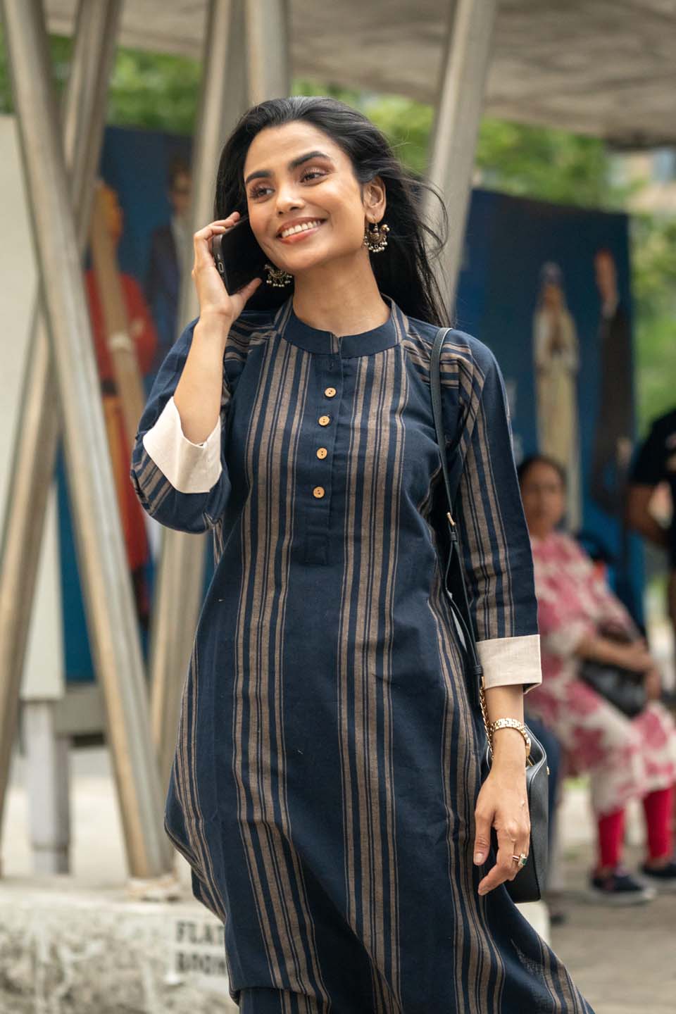 Navy Chalk — Handloom Stripe Cotton Coord Set with Contrast Cream Cuffs